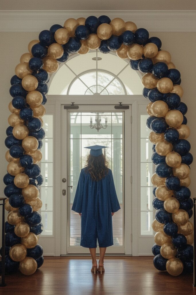 Navy and Gold Balloon Arch Entryway