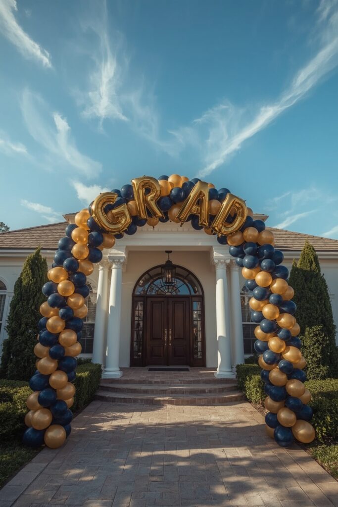 Navy and Gold Balloon Arch at Entryway