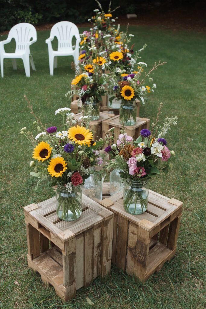 Rustic Crate Table Bases with Wildflowers