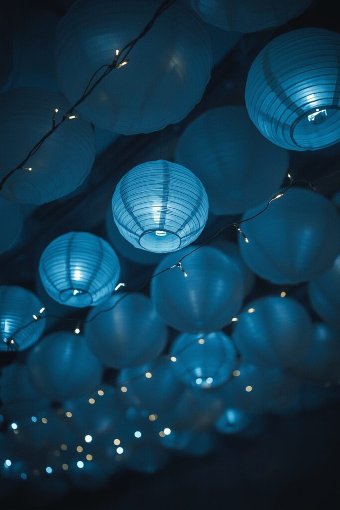 White Ball Lanterns with Blue LED Lights