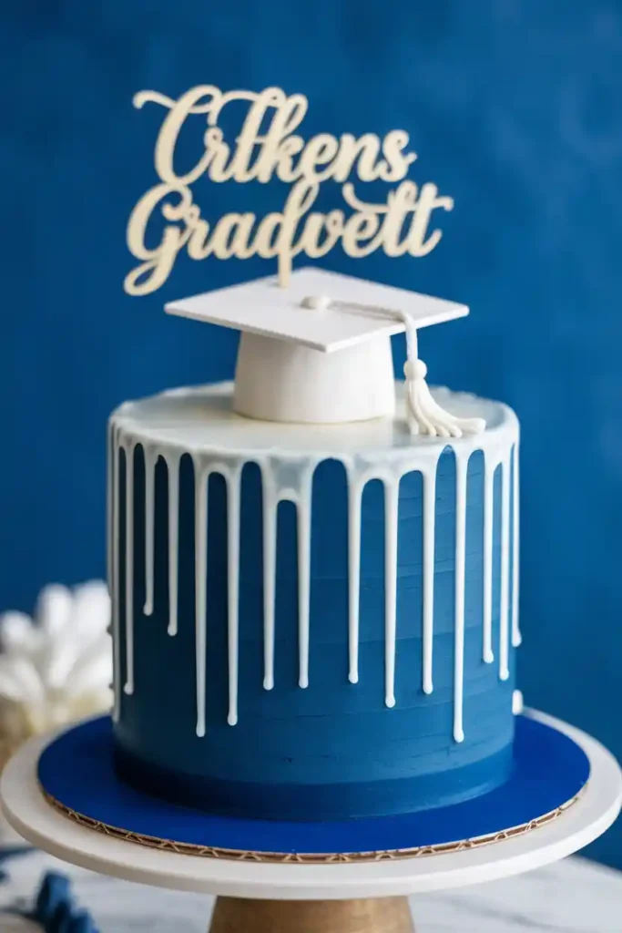 Blue Velvet Grad Cake with White Drip Icing