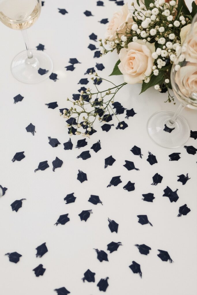 Navy Graduation Cap Confetti Scattered on Tables