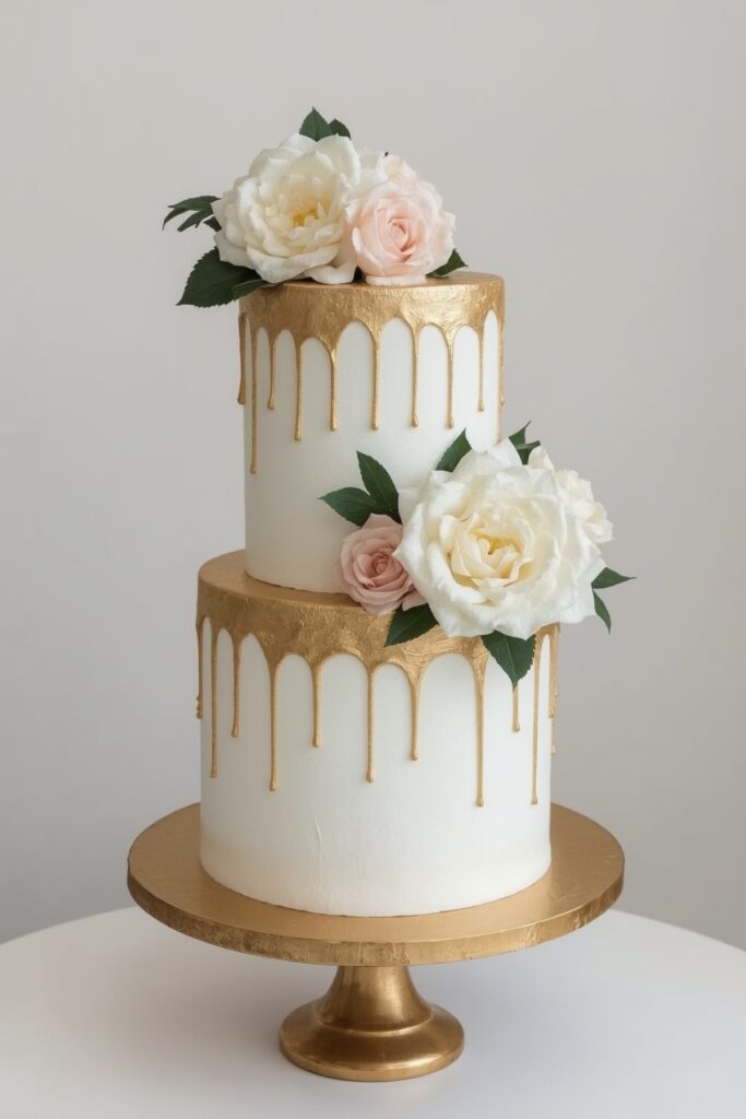 Elegant Two-Tier Cake with Gold Leaf
