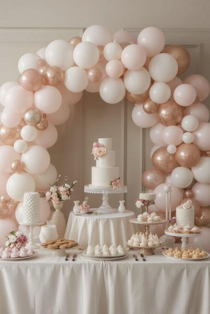 Organic Balloon Garland Over Dessert Table