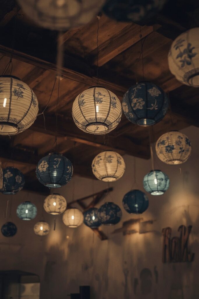 Blue and White Lantern Ceiling Display