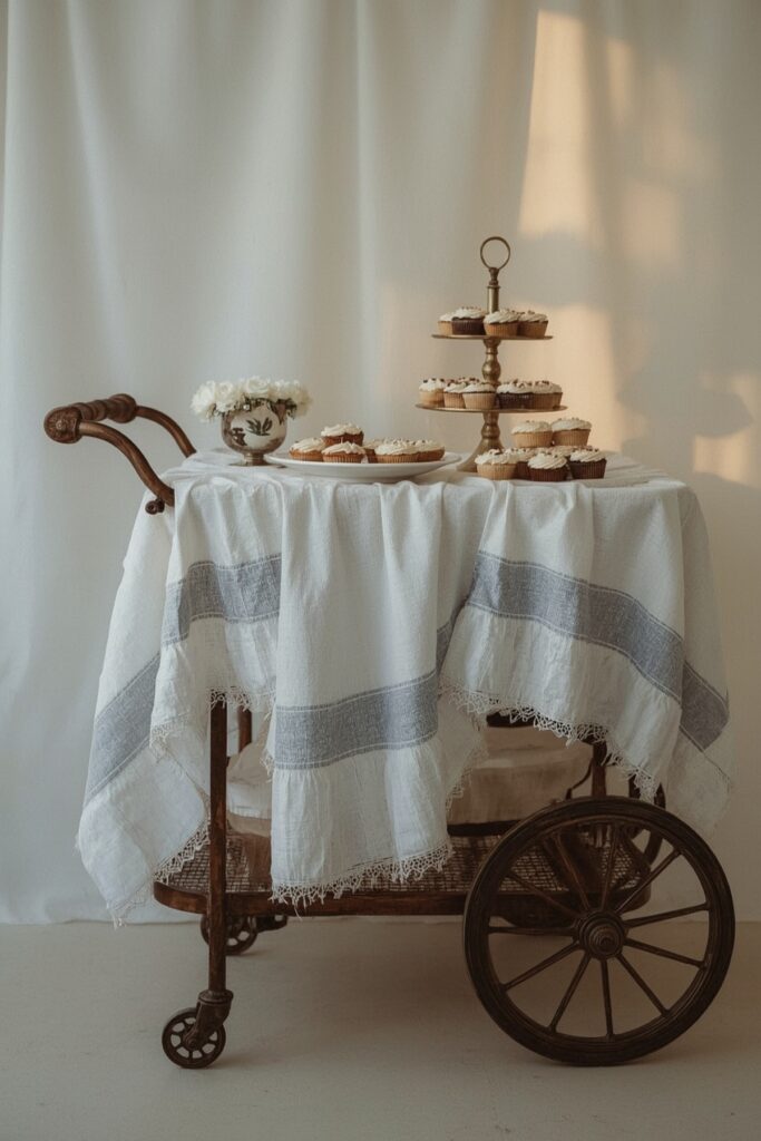 Dessert Cart Decorated in Blue and White Linens