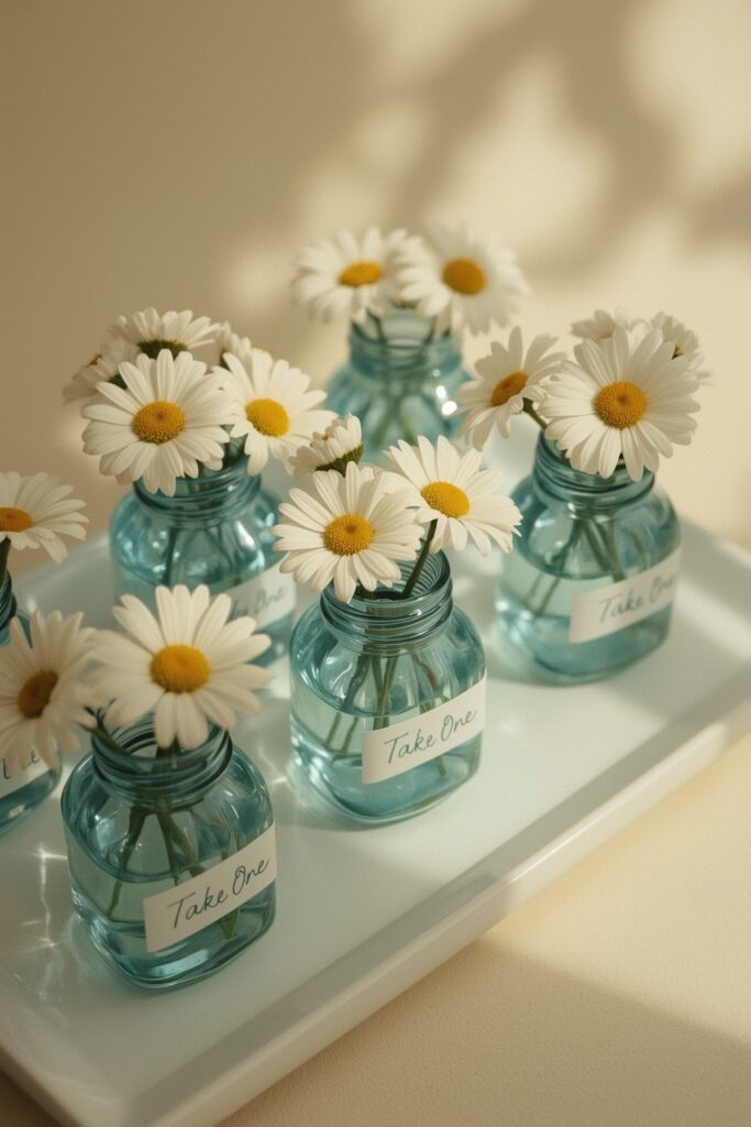 Mini Blue Jars with White Flowers as Party Favors