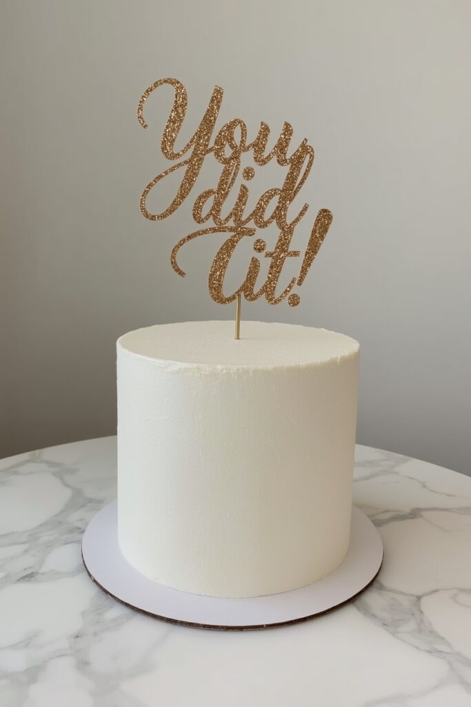 Minimalist White Cake with Gold “You Did It!” Topper