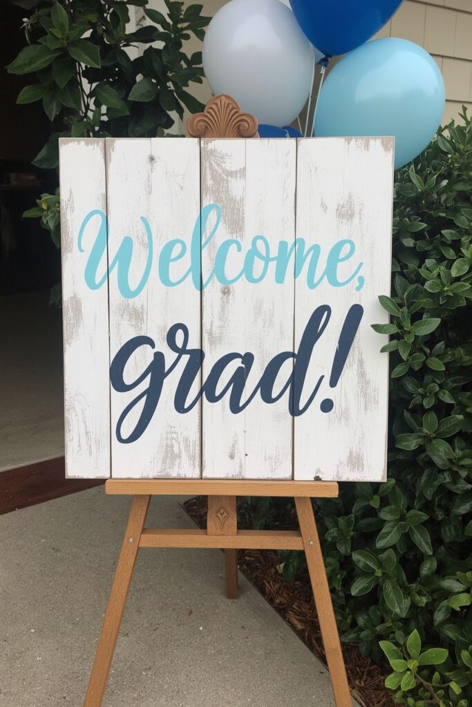 Hand-Painted Blue Welcome Sign