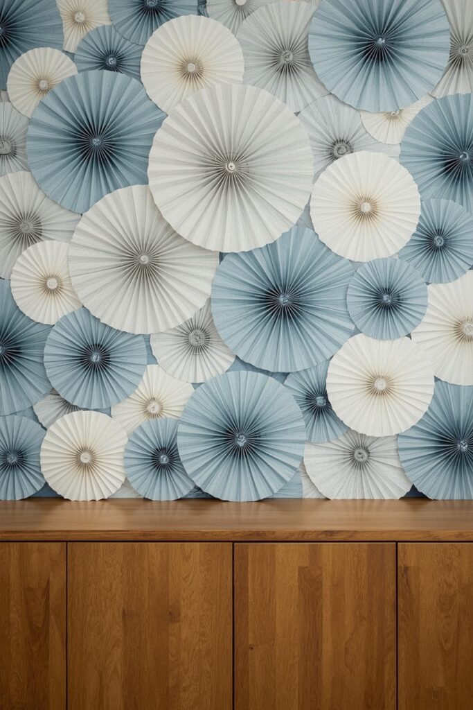 Paper Fans in Blue and White Behind Buffet Table