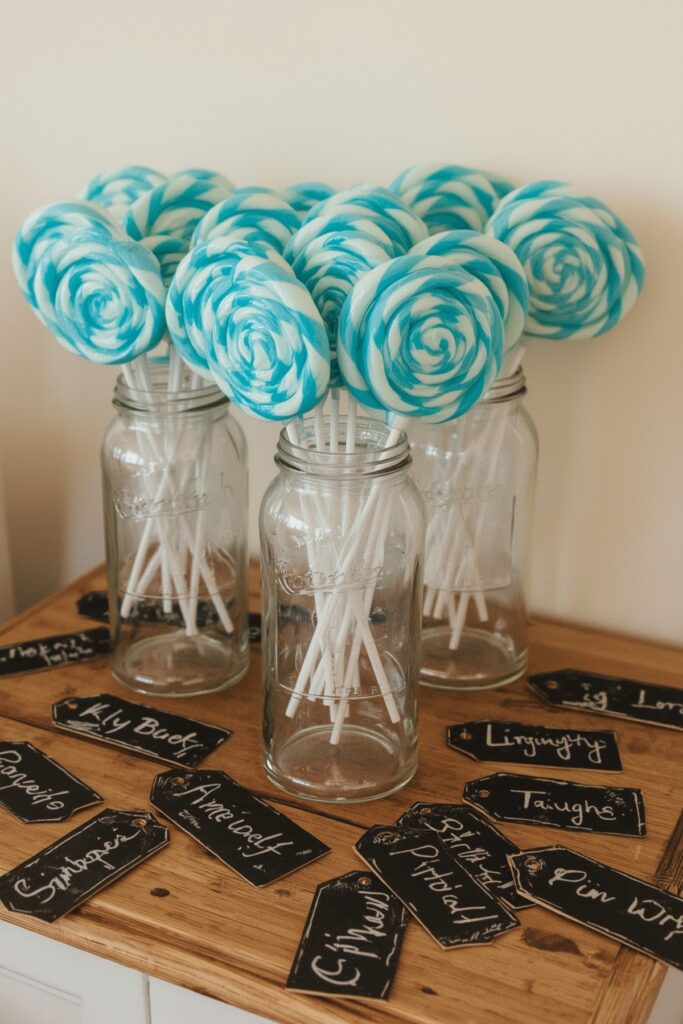 Blue & White Swirl Lollipops in Glass Jars