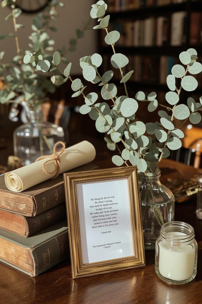 Books as Table Decor for “Next Chapter” Theme
