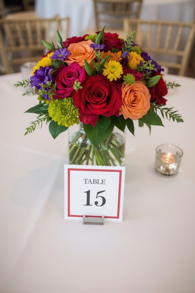 School-Color Floral Centerpieces with Table Numbers