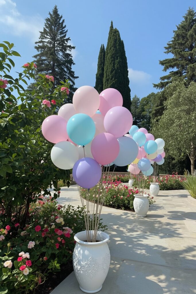 Balloon Clusters Anchored in Flower Pots