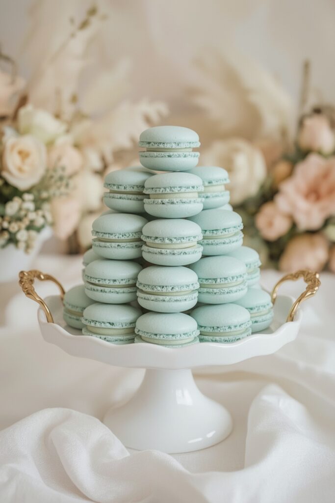 Blue Macarons on White Porcelain Trays