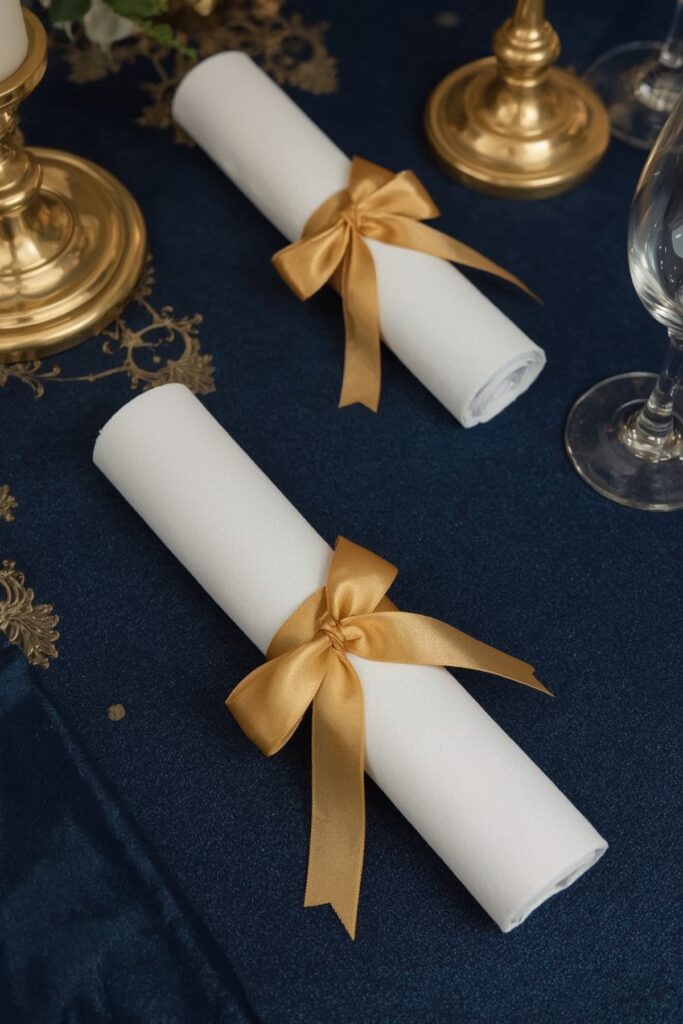 DIY Diploma Napkin Rolls with Gold Ribbons