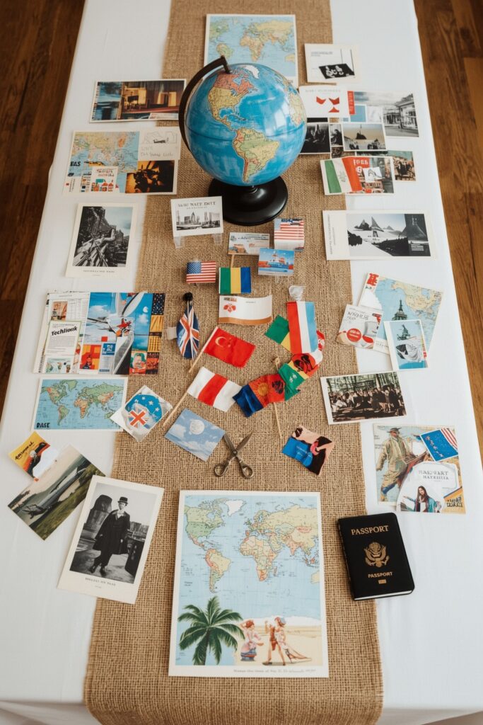 Travel Theme Table with Postcards & Flags