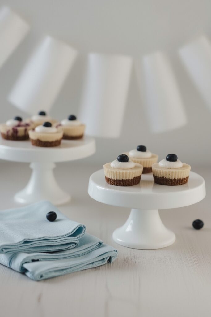 Blueberry Cheesecake Bites on White Dessert Stands