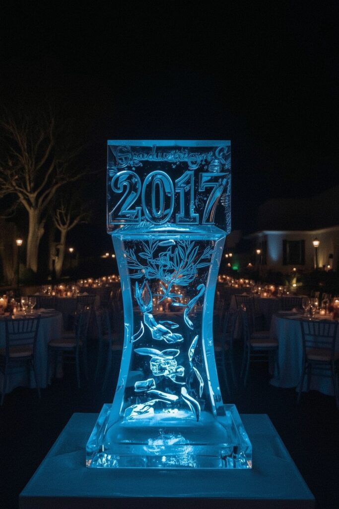 Graduation Year Ice Sculpture with Blue Lighting