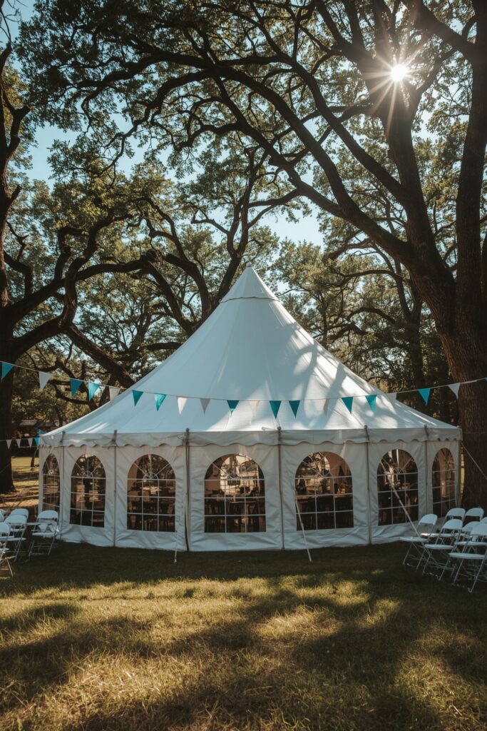 Outdoor Tent with Blue and White Flag Bunting
