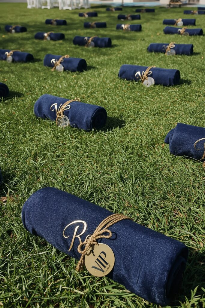 Navy Blue Picnic Blankets with Golden Tags