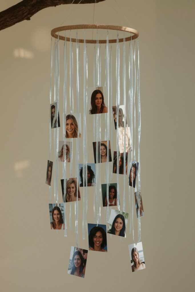 Hanging Photo Mobile in Blue & White Strings