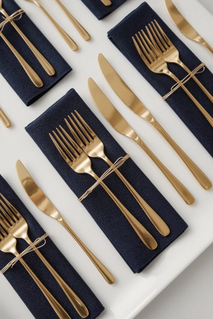Elegant Gold Cutlery Wrapped in Blue Napkins