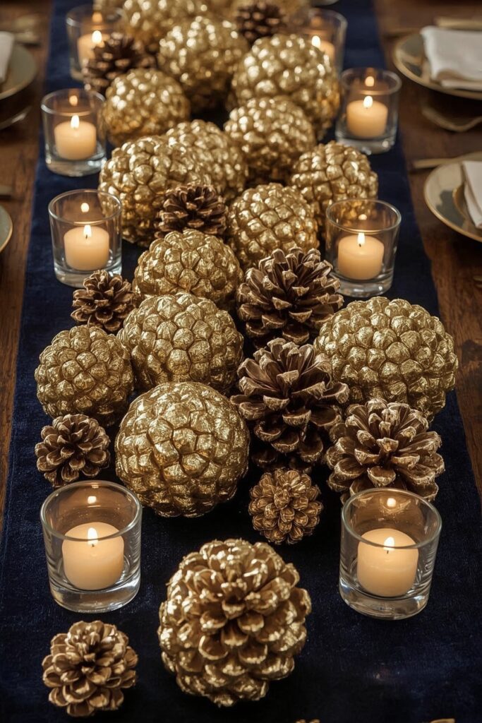Gold-Sprayed Pinecones or Leaves for Rustic Touch