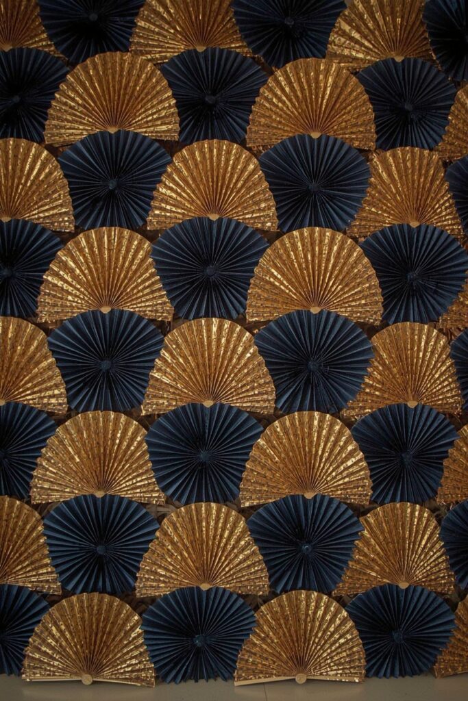 Blue & Gold Paper Fan Backdrop Wall