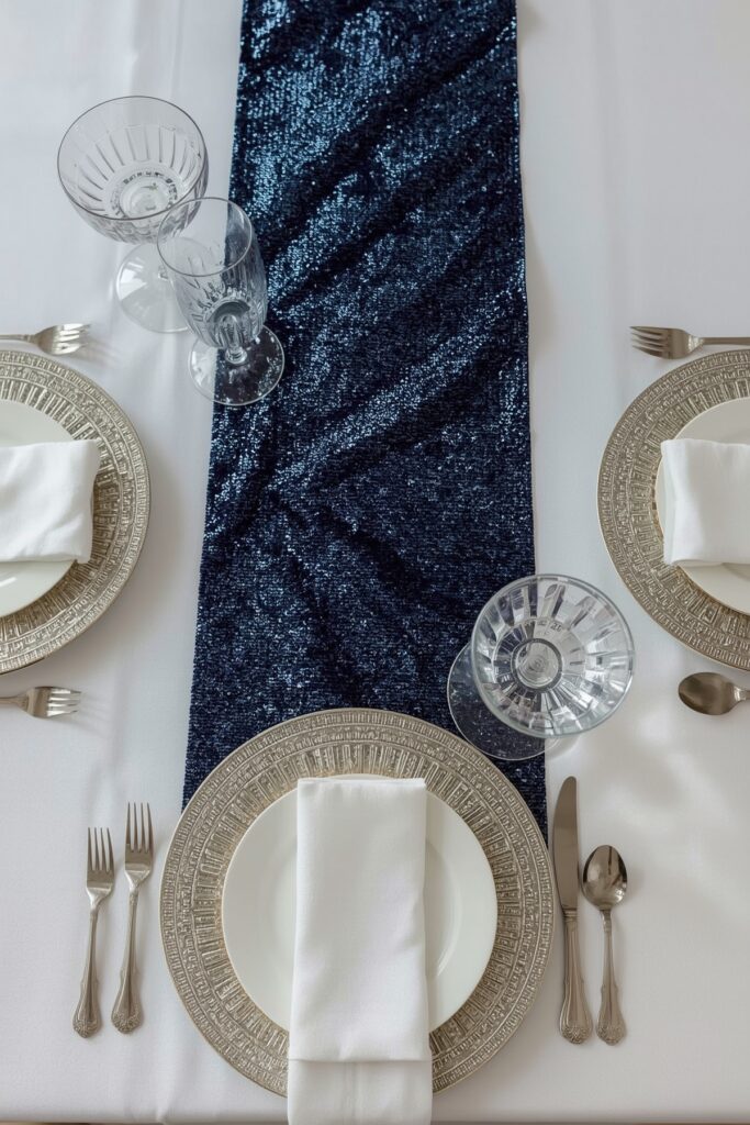 White Tablecloths with Blue Sequin Runners