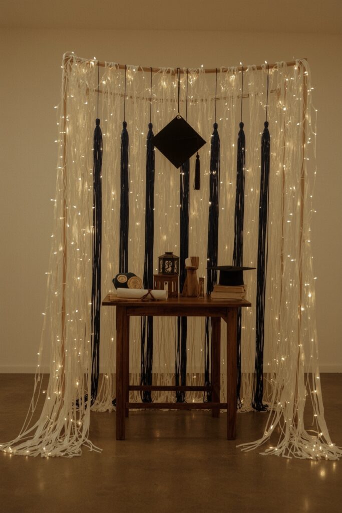 Photo Booth with Blue and White Tassel Backdrop