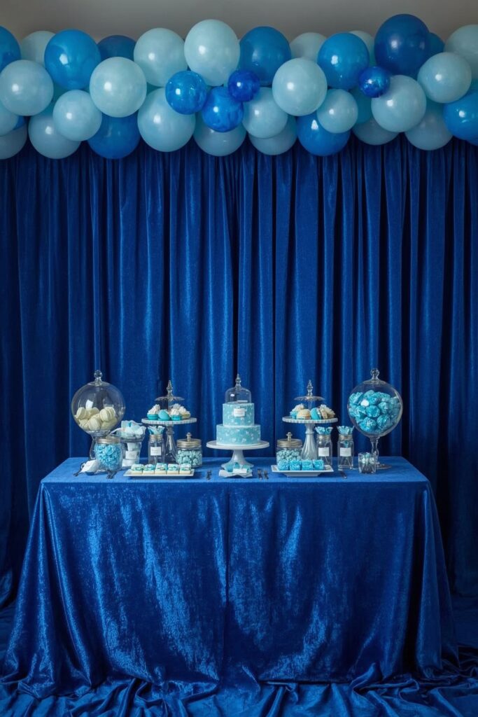 Royal Blue Dessert Table with Themed Treats