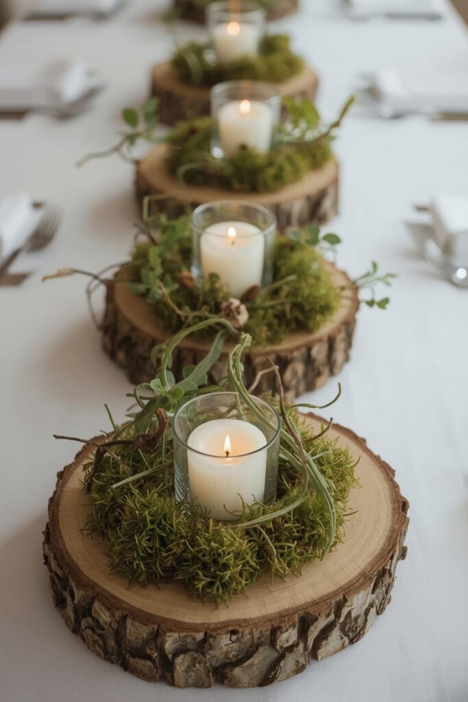 Natural Wood Centerpieces with Moss and Vines

