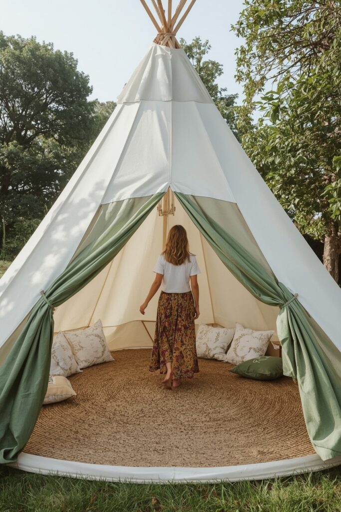 Outdoor Teepee Lounge with Green Drapes
