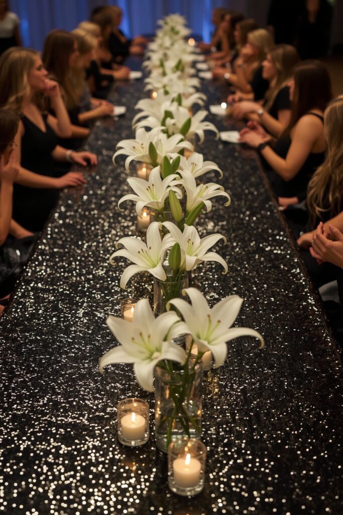 Black Sequin Tablecloth With White Centerpieces
