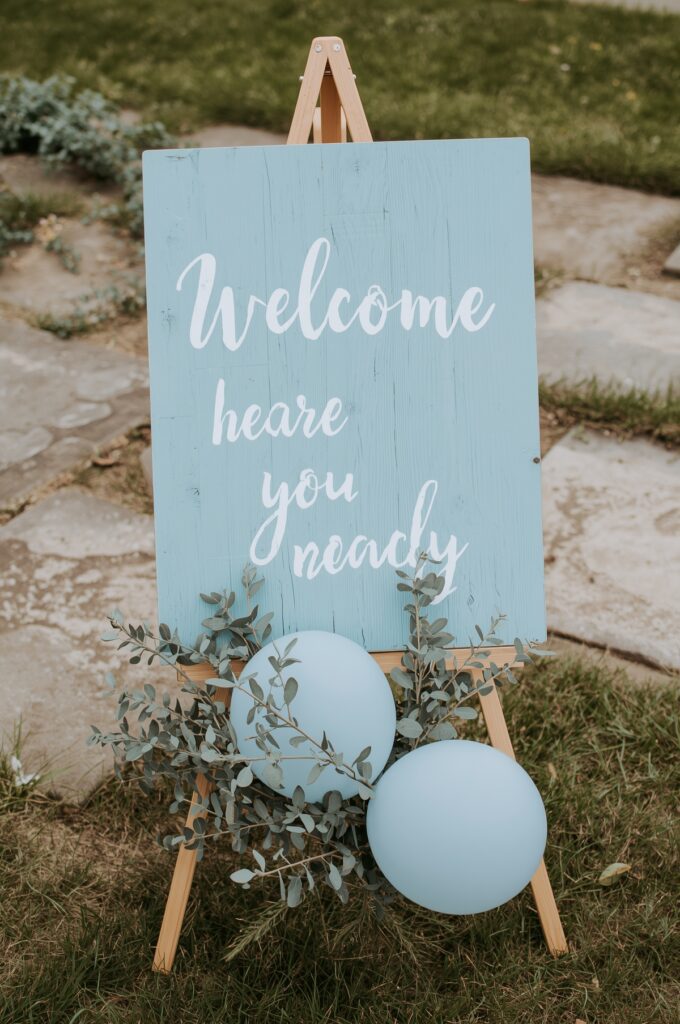 Blue Painted Wooden Welcome Board

