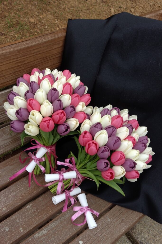 Mixed Tulip Bouquets with Ribbon Scrolls
