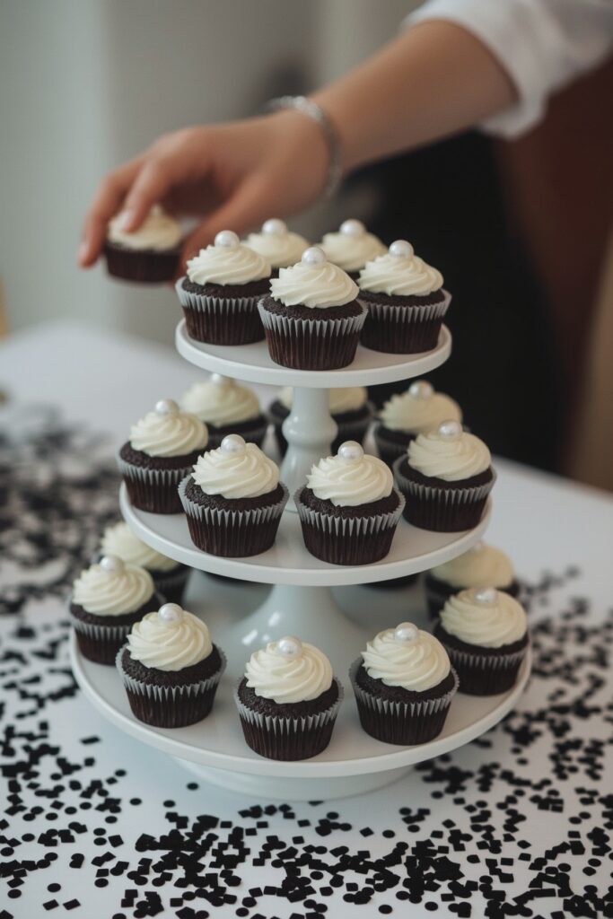 Black Velvet Cupcakes With White Pearls

