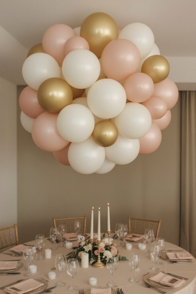 Chandelier Balloon Installation Over Dinner Table


