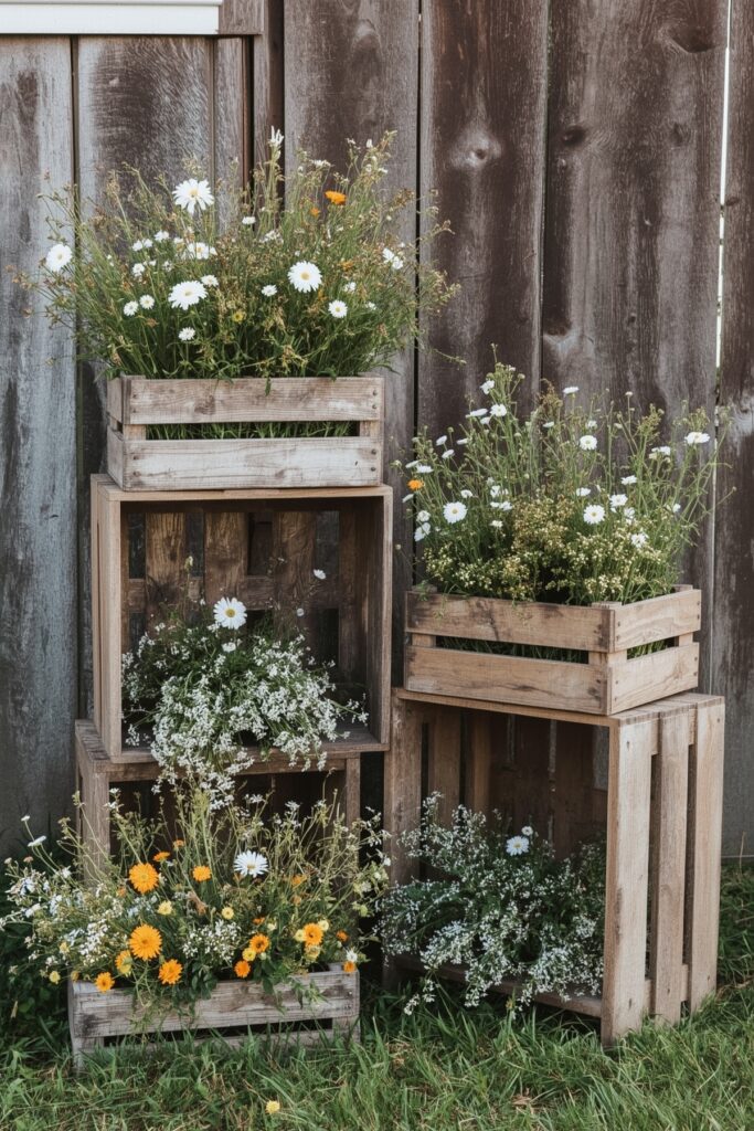 Rustic Wooden Crates with Mixed Blooms