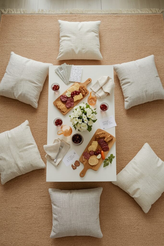 Indoor Picnic Setup with Floor Cushions

