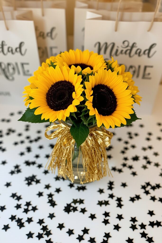 Sunflower Bouquets with Gold Tassel Ribbons