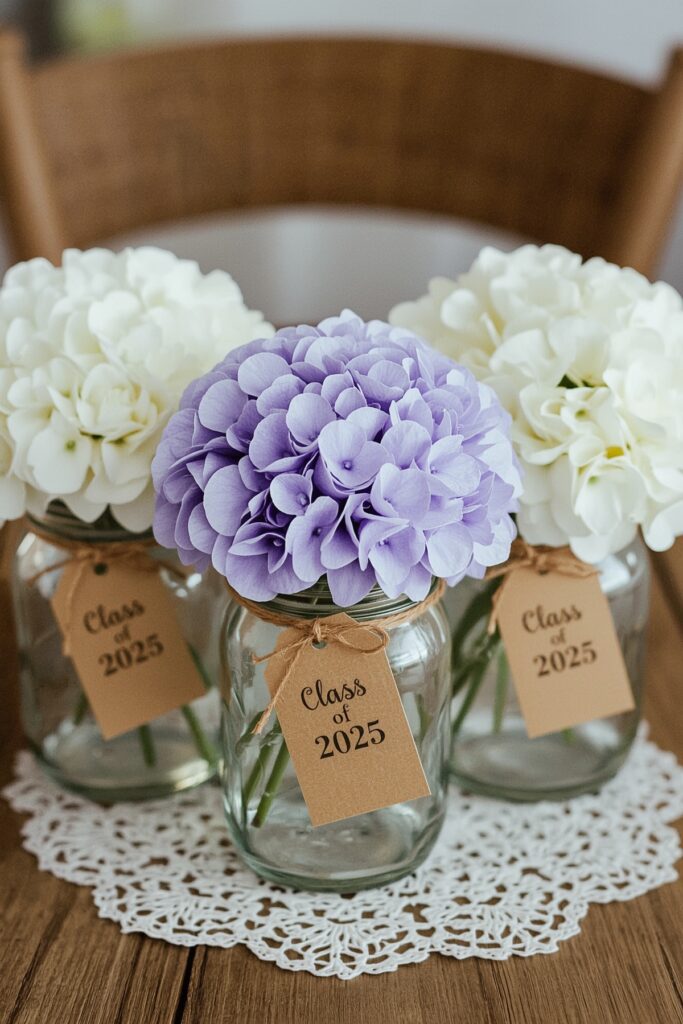 Hydrangea-Filled Mason Jars with Grad Tags