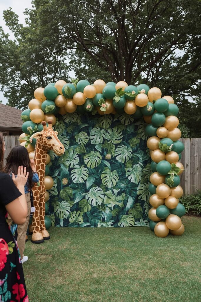 Jungle Safari Balloon Backdrop With Leaves


