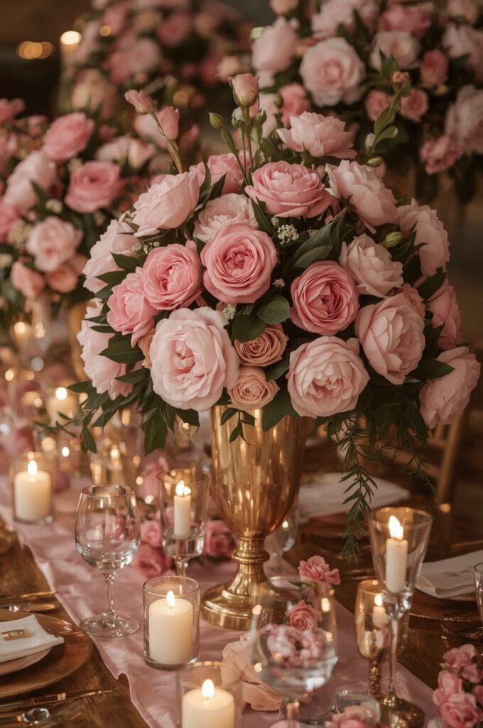 Pink Floral Centerpieces with Golden Vases
