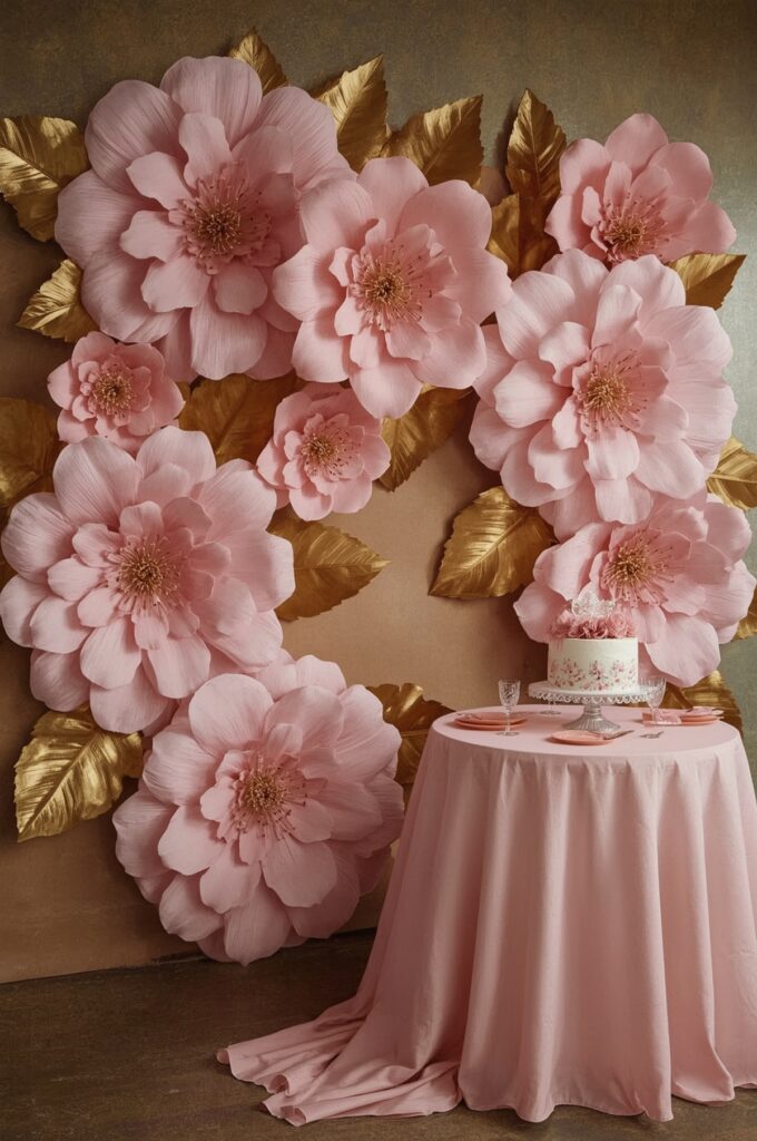 Pink Paper Flowers with Gold Leaves