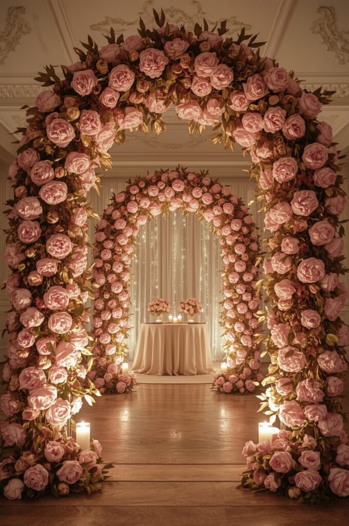 Pink Peony Floral Garlands with Golden Accents