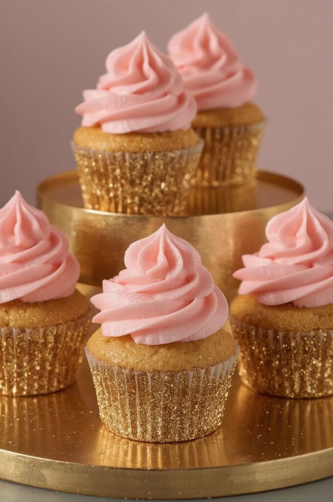 Gold-Dipped Cupcakes with Pink Frosting