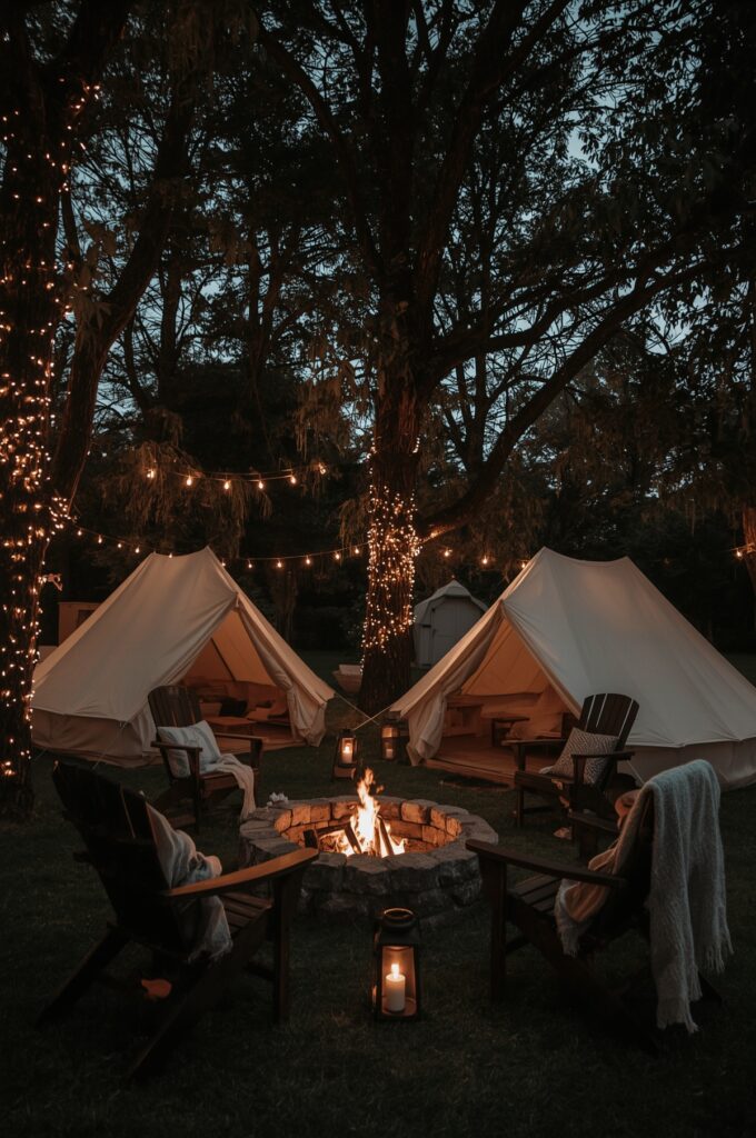 Backyard Camping with Tents and Fairy Lights
